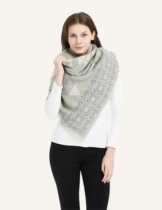 Detail of soft cashmere-feel scarf with geometric jacquard and delicate long tassels