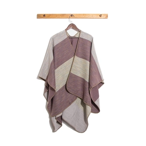 Striped cashmere-like poncho shawl with high-slit design and triangle stitching detail