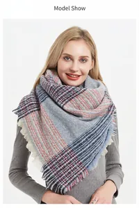 Detail of blue and orange plaid scarf showing the fringe edges and thick woven texture