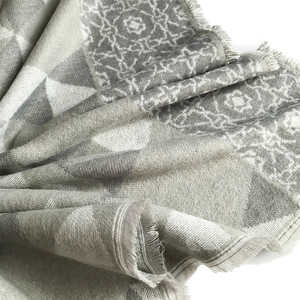 Detail of geometric mandala pattern on soft imitation cashmere shawl with tassel edges
