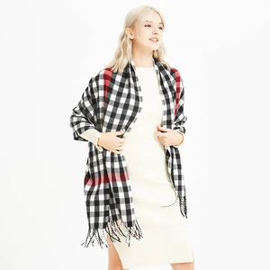 Classic red black and white plaid tassel scarf in soft cashmere-like fabric