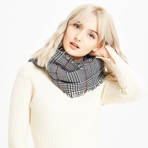 Classic black and white plaid scarf with red stripes and fringe for autumn winter seasons