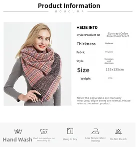 Detail showing 135x135cm size and 240g weight specs for this checkered scarf