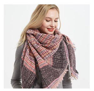 Detailed close-up of thick multi-color plaid scarf with fringes and soft cashmere feel