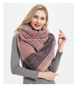 Close-up of thick multi-color checkered winter shawl with soft fringe edge detail