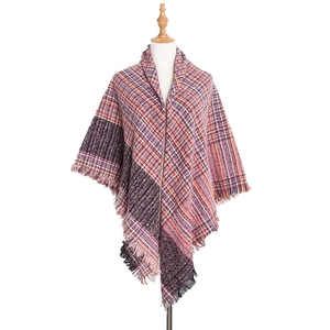Thick knit plaid shawl wrap for women featuring purple and pink check patterns with fringe trim