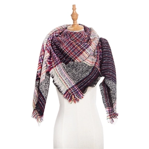 Close-up of thick plaid shawl scarf featuring colorful grid pattern and fringe edges