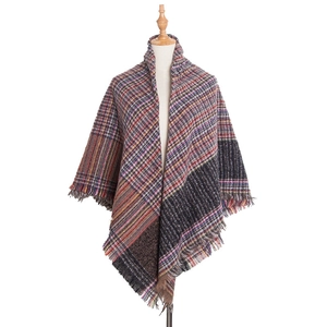 Detail of vintage multicolored checkered shawl featuring soft knit texture and fringe trim