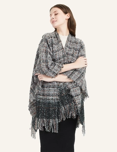 Detailed view of checkered knit shawl texture featuring long tassel fringe and soft material