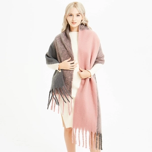 Écharpe D'hiver Pour Femmes Châle Bloc De Couleur Fil Bouclé Épais Chaud Longue Franges Élégant Décontracté