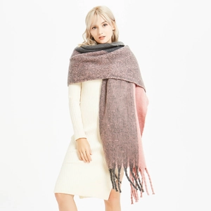 Écharpe épaisse bicolore pour femme avec franges en gris et rose pastel doux