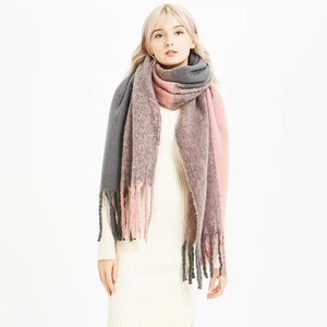 Écharpe épaisse à dégradé gris et rose avec franges, châle d'hiver chaud pour femme