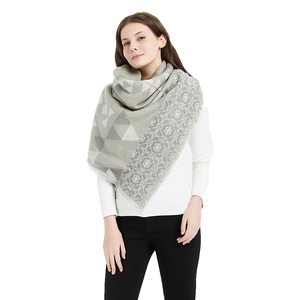 Women's large cashmere-feel shawl with geometric triangle patterns and floral accents