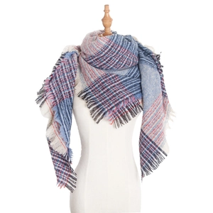 Écharpe épaisse à carreaux pour femmes en fil bouclé bleu et rouge avec bords à franges