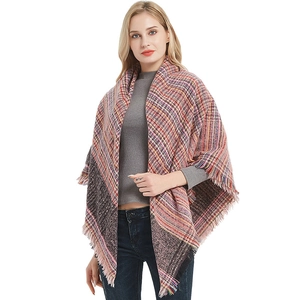 Thick colorful plaid knit shawl with fringed edges for autumn and winter warmth