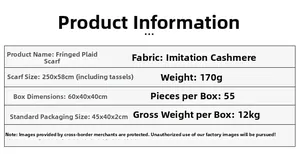 Detailed size chart for the fringe plaid scarf showing 250x58cm cashmere-like fabric