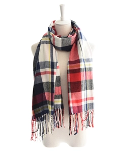 Detailed view of plaid scarf fringe and soft winter fabric texture in red and navy colors