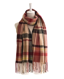 Close-up of classic red and khaki plaid blanket scarf with fine fringe details
