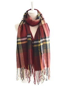 Close-up of red plaid blanket scarf with fringe hem on a white mannequin torso