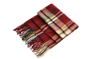Detail of red and beige checkered scarf with soft tassel edges and thick warm texture