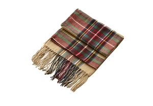 Close-up of soft plaid scarf fabric showing beige check pattern and fringe details