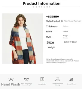 Thick winter plaid scarf with fringe, polyester fabric 190x50cm size details