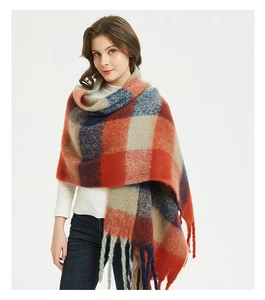 Macro detail of thick checkered scarf with long tassels and plush wool-like texture