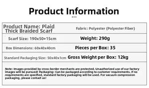Detailed specifications for plaid scarf featuring thick braided texture and polyester fabric