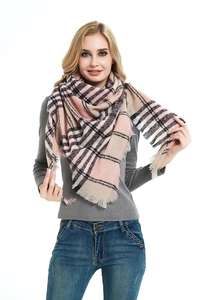 Close-up of thick plaid shawl scarf with pink and black checks and soft fringe trim