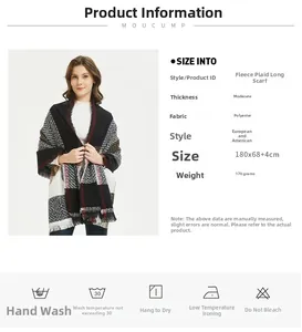Detailed view of large plaid polyester scarf with fringe and 180x68cm size specifications