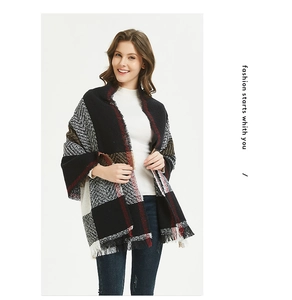 Detail of classic plaid oversized scarf with soft fringe edges and colorful checkered pattern