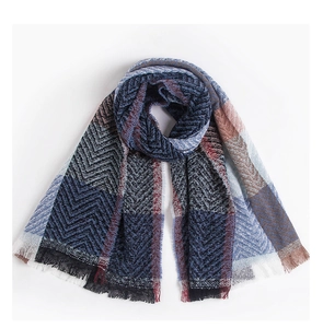 Close-up of herringbone weave and tassel fringe on thick plaid winter shawl scarf