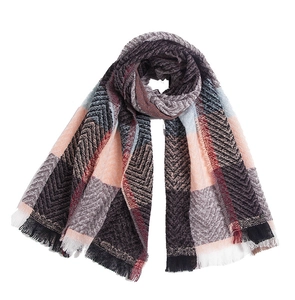 Detail of colorful plaid scarf showing textured herringbone weave and soft fringe edges