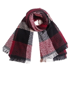Macro detail of plaid scarf showing herringbone weave texture and dense fringe edges