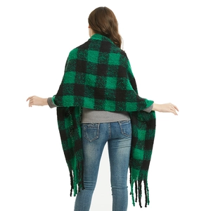 Green and black plaid thick knitted scarf with fringe tassels for women winter fashion