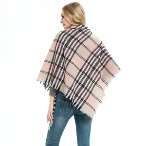 Pink and beige plaid tassel shawl cloak for women seen from a back view perspective