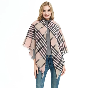 Women's pink and beige plaid triangle scarf with fringe trim in soft textured knit