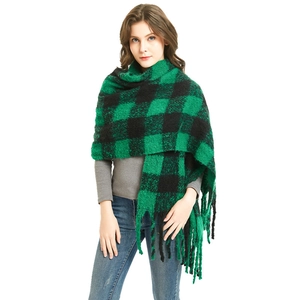 Thick green and black buffalo check plaid scarf with fringe tassels for winter warmth