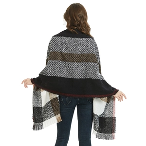Oversized plaid tassel scarf with herringbone patterns for men and women