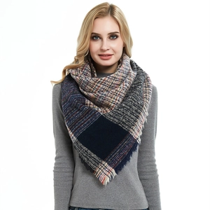 Chal clásico de cuadros para mujer en azul y gris, bufanda de punto cálida con flecos