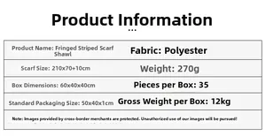 Detailed size and material specification chart for striped tassel shawl with fringe