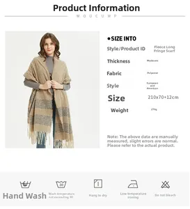 Detailed view of khaki striped scarf showing 210x70cm dimensions and soft fringe tassels