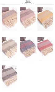 Detail showing various color options for striped scarves with fringe tassels and soft texture