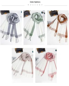 Detail of soft cashmere-like scarf fringe and five-color checkered stripe pattern