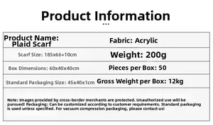 Tabella specifiche per sciarpa a quadri in acrilico misura 185x66cm e peso 200g