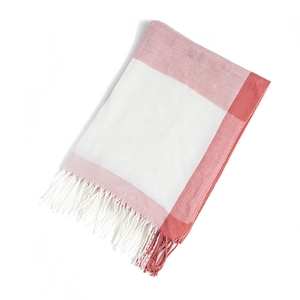 Red and white color block cashmere-like shawl with fringed edges and twill weave texture