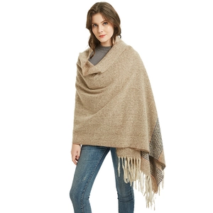 Beige knit scarf with tassels and colorful stripes, thick cashmere-feel winter shawl