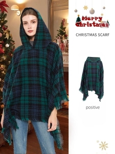 Christmas green and black plaid hooded poncho with fringe tassels for winter holiday