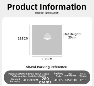 Size chart for hooded poncho shawl showing 135x135cm dimensions and lightweight material details