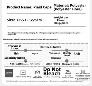 Detailed size and material specification chart for the green plaid hooded poncho cloak